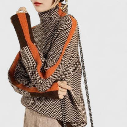 Helen | Pull Collo Alto Donna Jacquard Maniche Contrastanti
