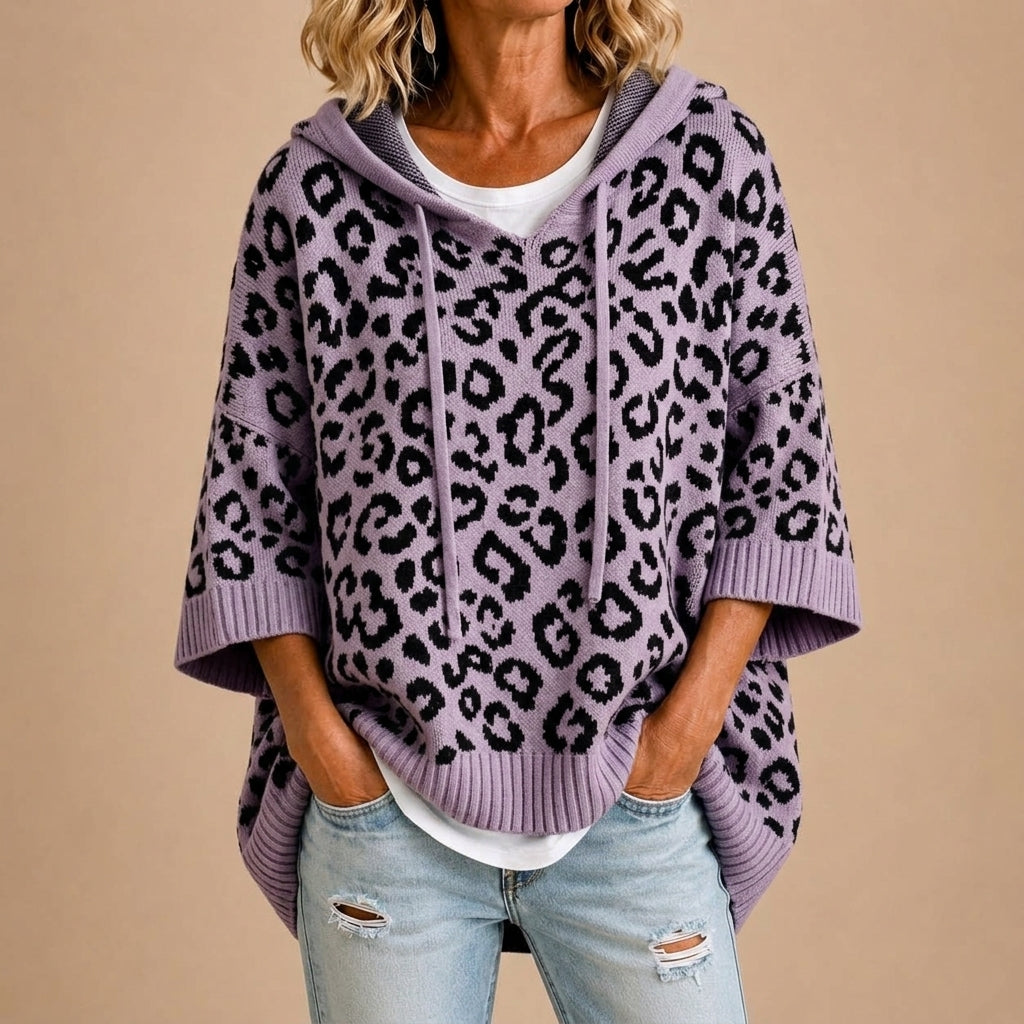 Gabriella | Poncho in maglia animalier con cappuccio per donna