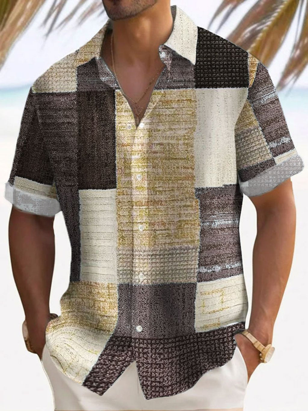 Antonio | Camicia a maniche corte con motivo patchwork a blocchi da uomo