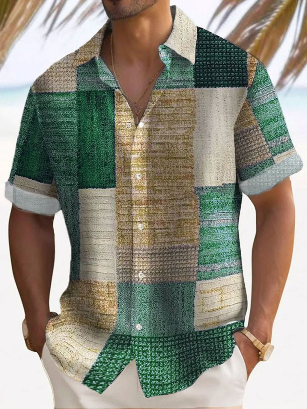 Antonio | Camicia a maniche corte con motivo patchwork a blocchi da uomo