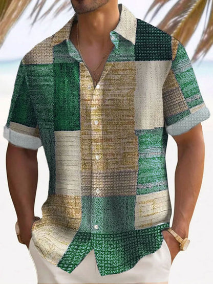 Antonio | Camicia a maniche corte con motivo patchwork a blocchi da uomo