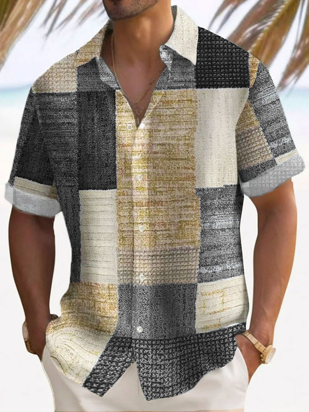Antonio | Camicia a maniche corte con motivo patchwork a blocchi da uomo