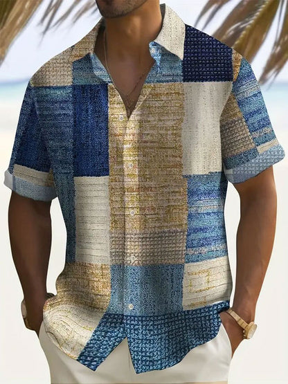 Antonio | Camicia a maniche corte con motivo patchwork a blocchi da uomo
