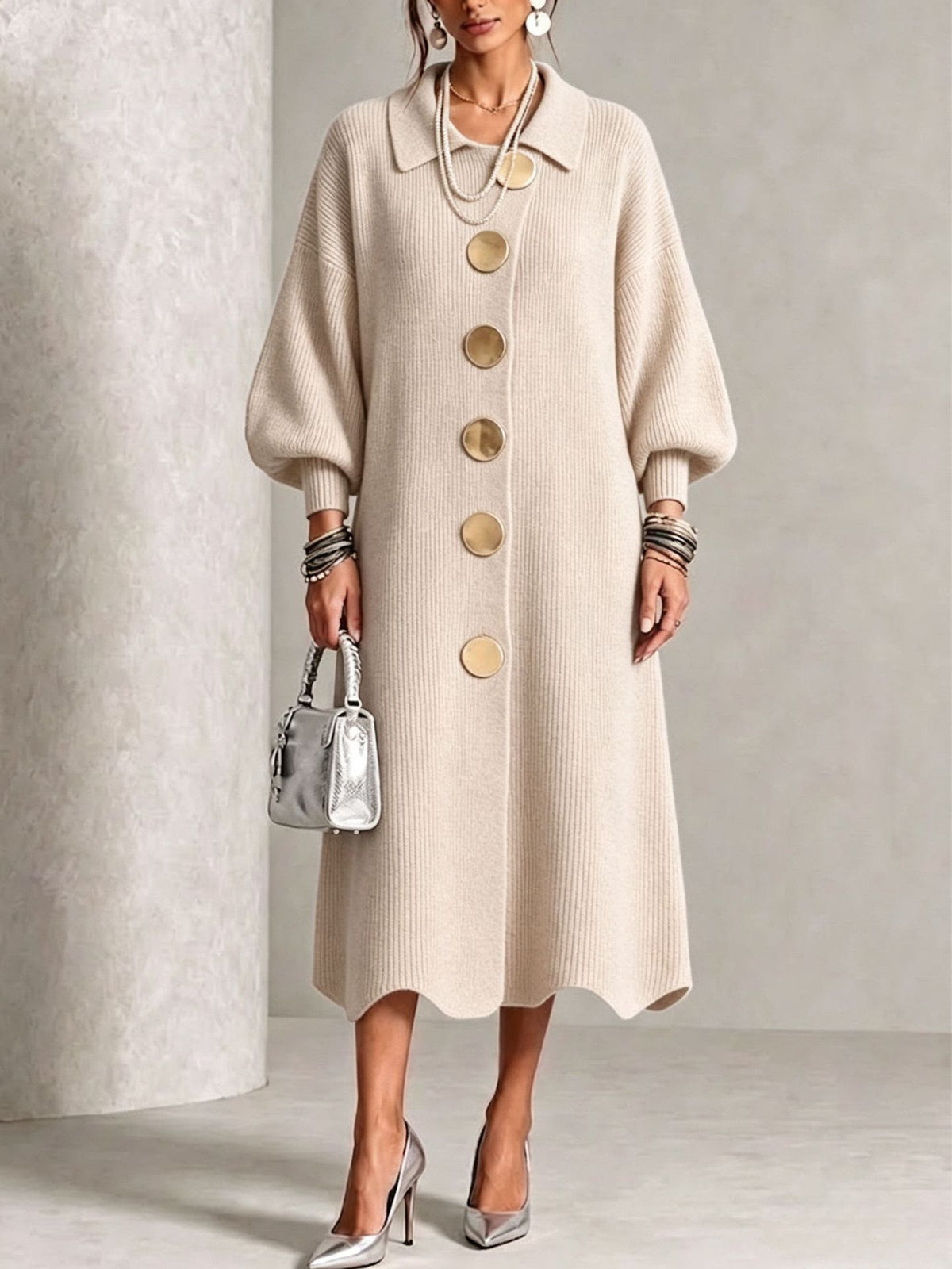 Albertine | Vestito in Maglia con Bottoni a Collo Classico da Donna