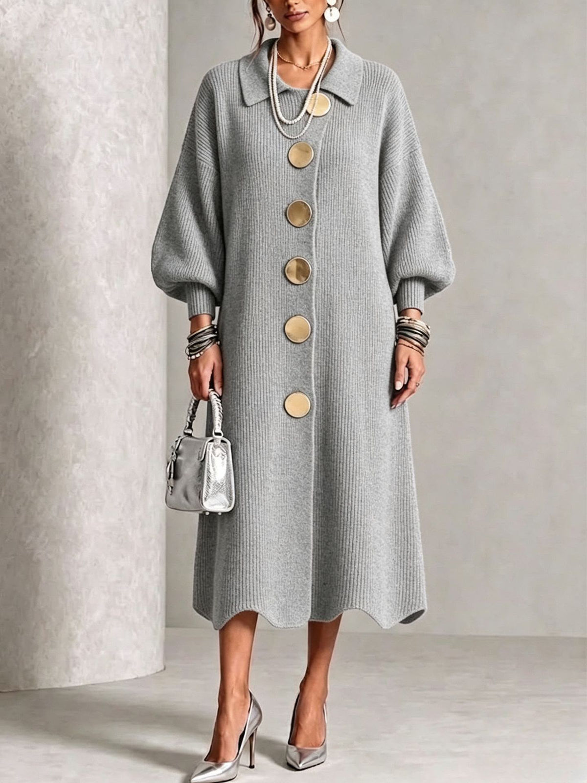 Albertine | Vestito in Maglia con Bottoni a Collo Classico da Donna