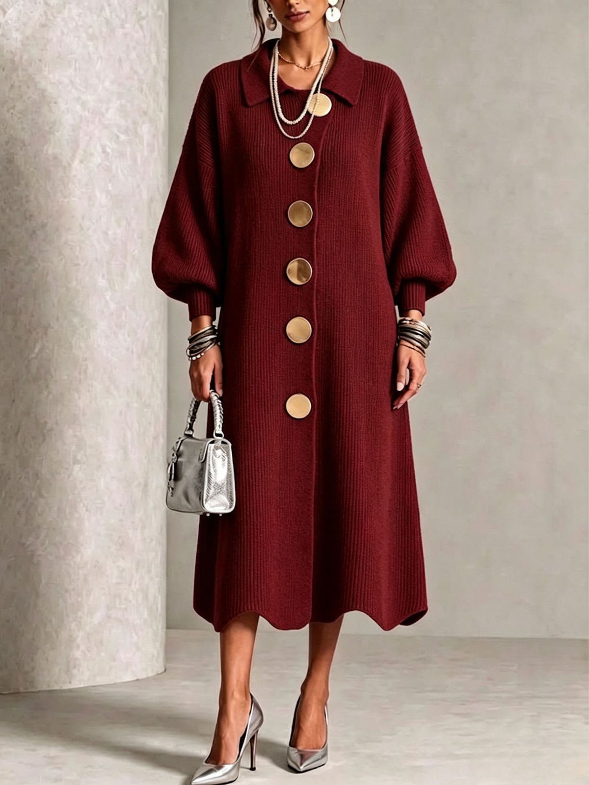 Albertine | Vestito in Maglia con Bottoni a Collo Classico da Donna