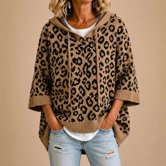 Gabriella | Poncho in maglia animalier con cappuccio per donna