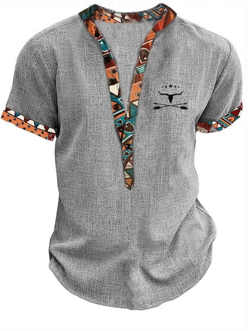 Marco | Camicia a maniche corte con collo a V e bordo etnico da uomo