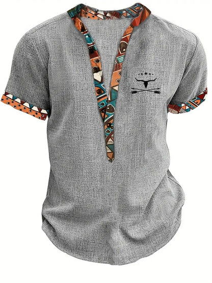 Marco | Camicia a maniche corte con collo a V e bordo etnico da uomo