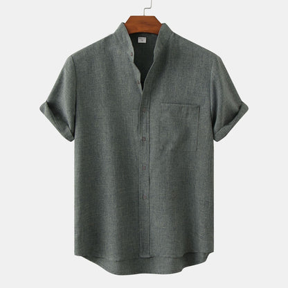 Flavio | Camicia a maniche corte con collo alla coreana e taschino da uomo