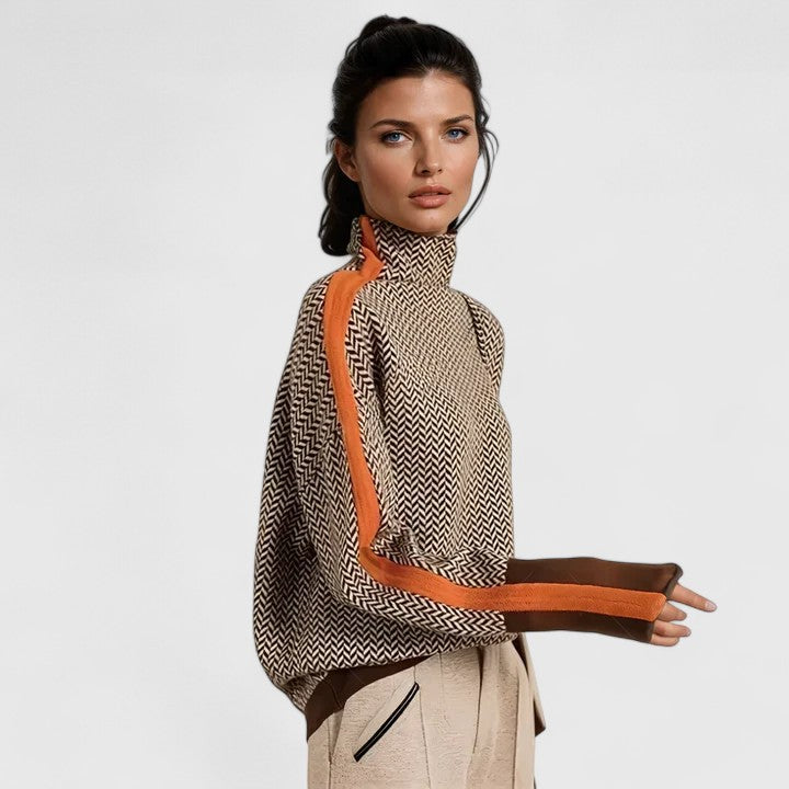 Helen | Pull Collo Alto Donna Jacquard Maniche Contrastanti