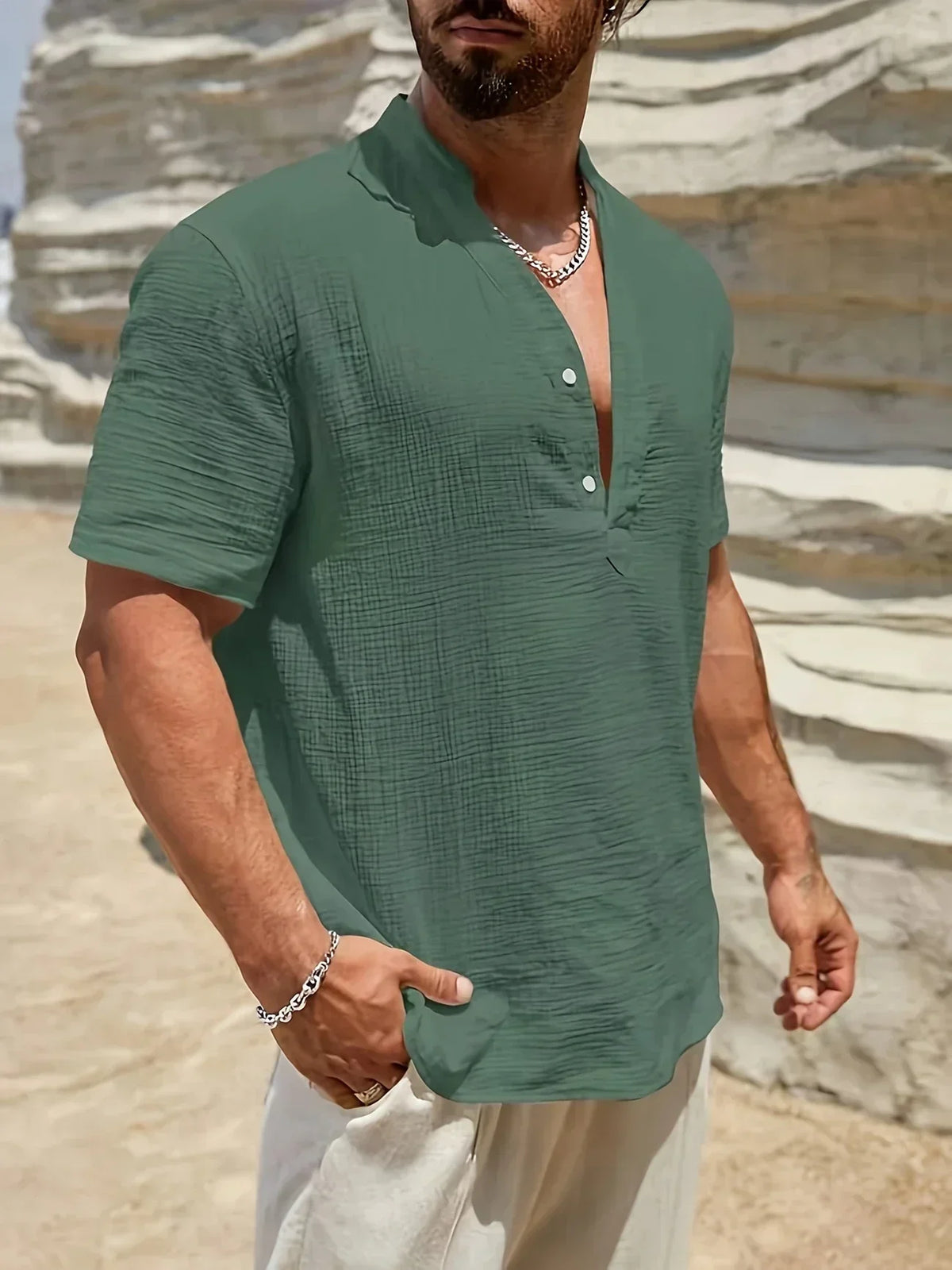 Roberto | Camicia a manica corta con colletto alla coreana e mezza patta da uomo