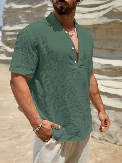 Roberto | Camicia a manica corta con colletto alla coreana e mezza patta da uomo