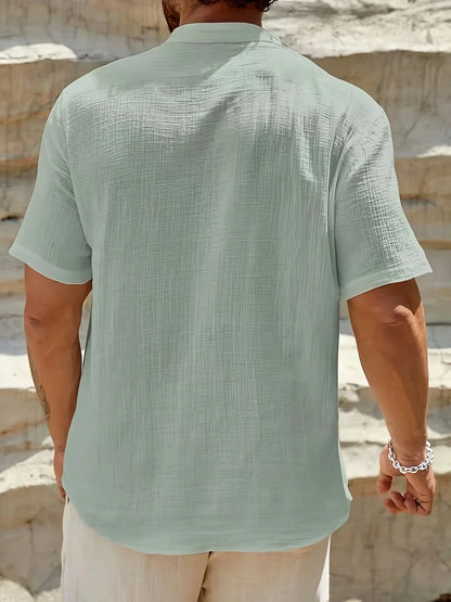 Roberto | Camicia a manica corta con colletto alla coreana e mezza patta da uomo
