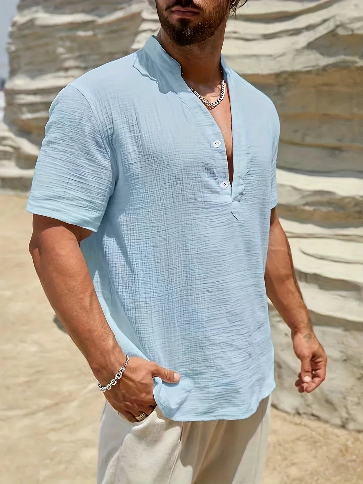 Roberto | Camicia a manica corta con colletto alla coreana e mezza patta da uomo