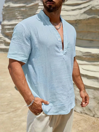 Roberto | Camicia a manica corta con colletto alla coreana e mezza patta da uomo
