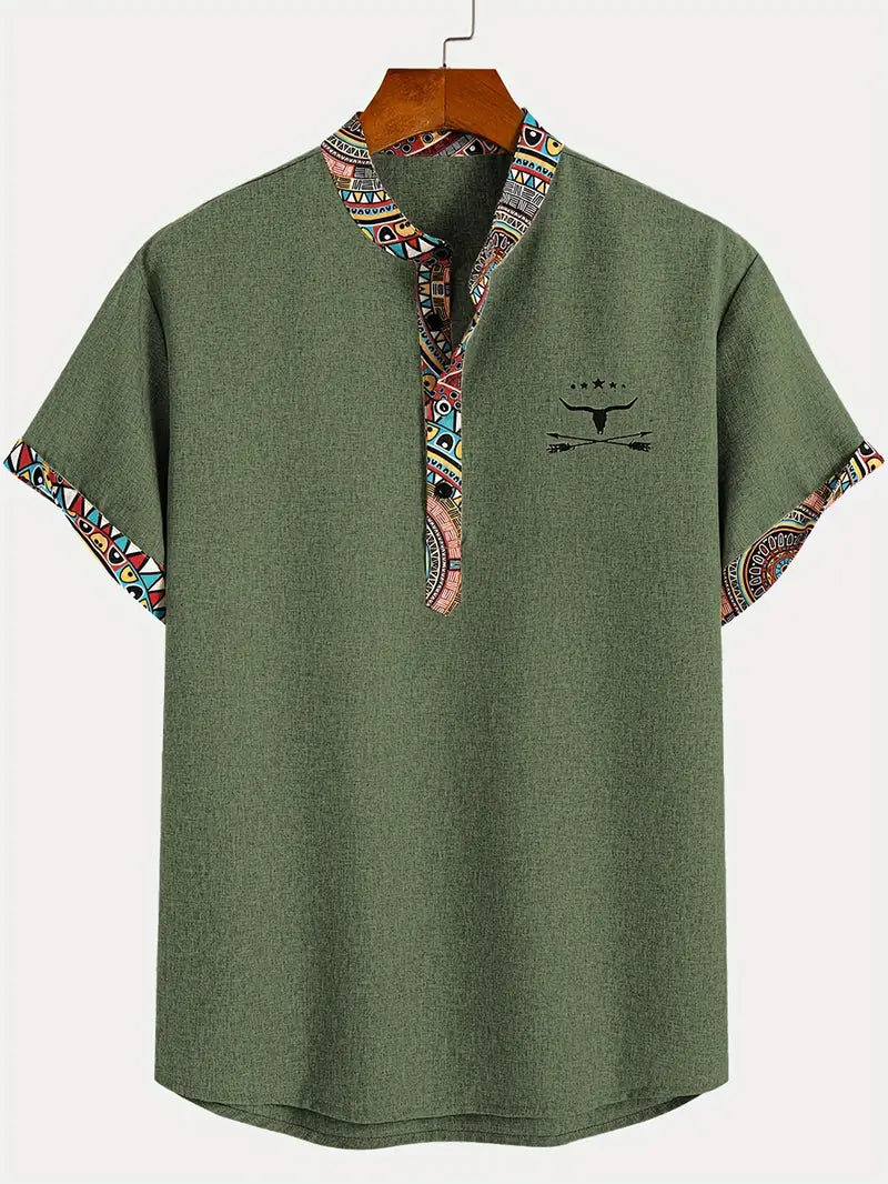 Marco | Camicia a maniche corte con collo a V e bordo etnico da uomo
