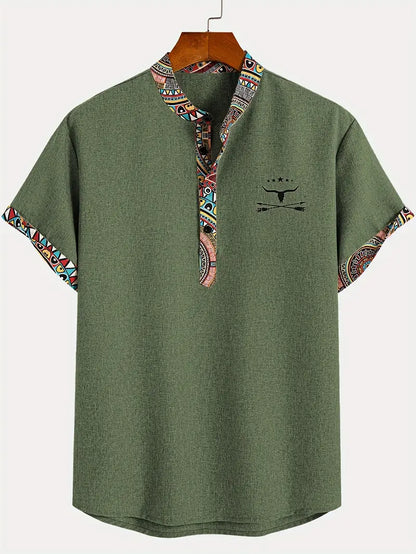 Marco | Camicia a maniche corte con collo a V e bordo etnico da uomo