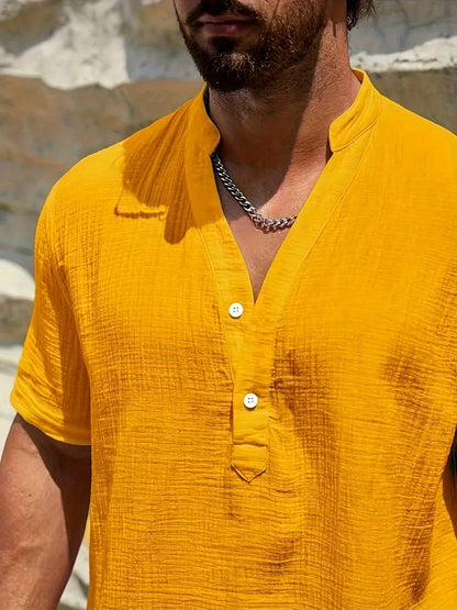 Roberto | Camicia a manica corta con colletto alla coreana e mezza patta da uomo