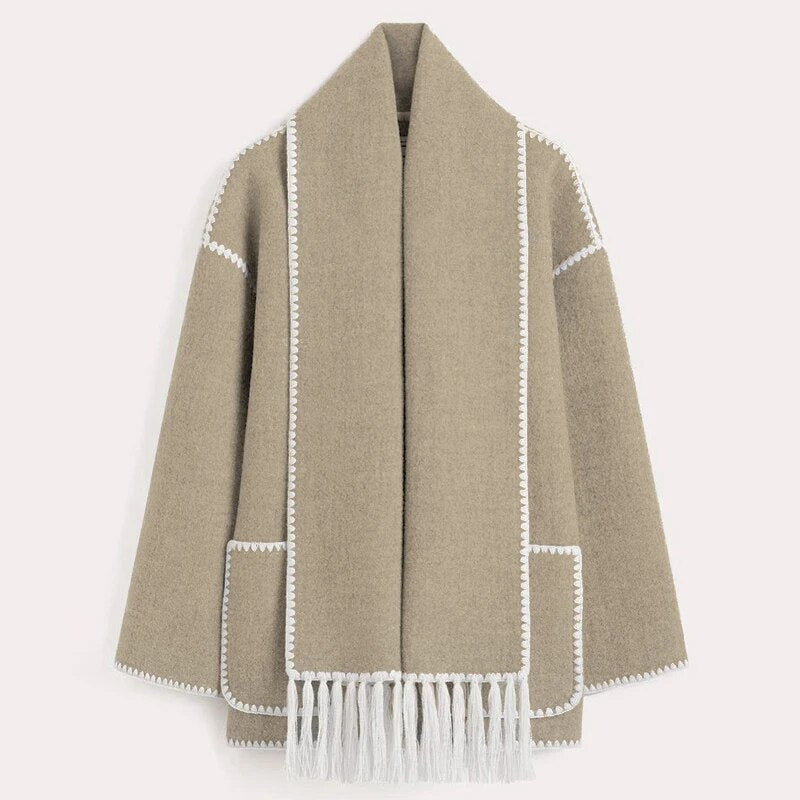 Vanessa | Cardigan Donna con Sciarpa e Cuciture a Contrasto