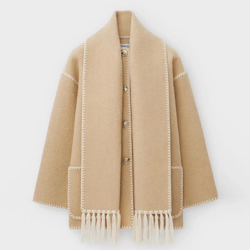Vanessa | Cardigan Donna con Sciarpa e Cuciture a Contrasto