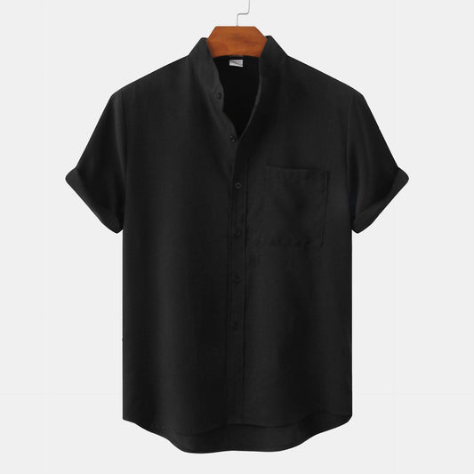 Flavio | Camicia a maniche corte con collo alla coreana e taschino da uomo