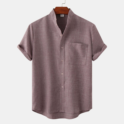 Flavio | Camicia a maniche corte con collo alla coreana e taschino da uomo