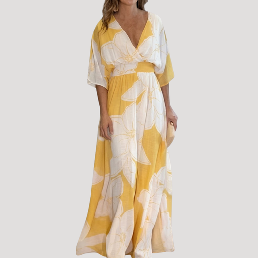 Celia | Abito Lungo Floreale Giallo Elegante Donna Per L'Estate