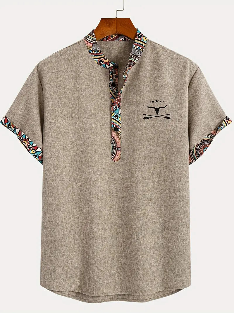 Marco | Camicia a maniche corte con collo a V e bordo etnico da uomo