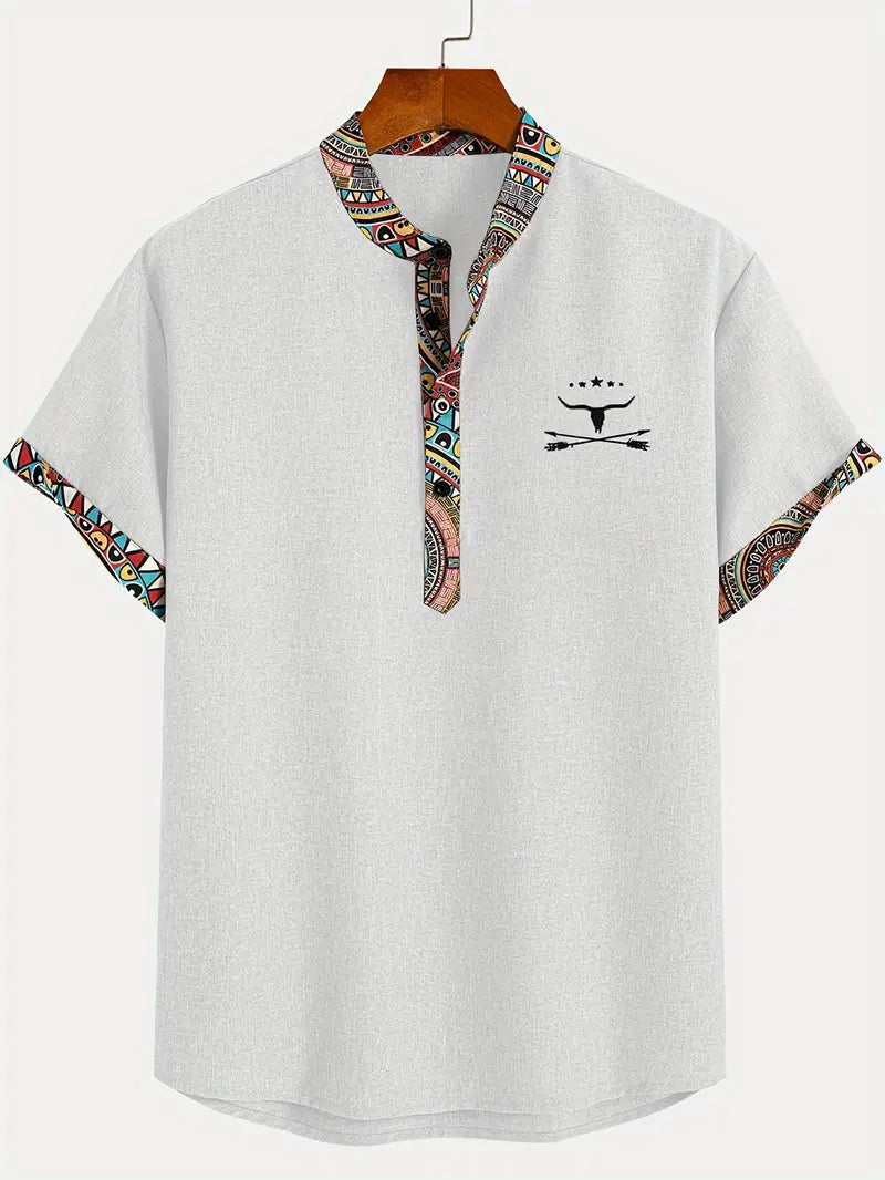 Marco | Camicia a maniche corte con collo a V e bordo etnico da uomo