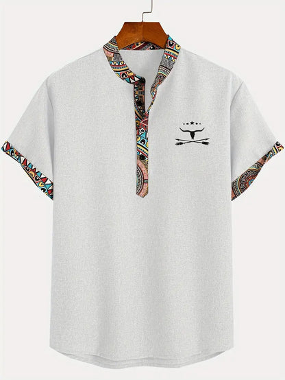 Marco | Camicia a maniche corte con collo a V e bordo etnico da uomo