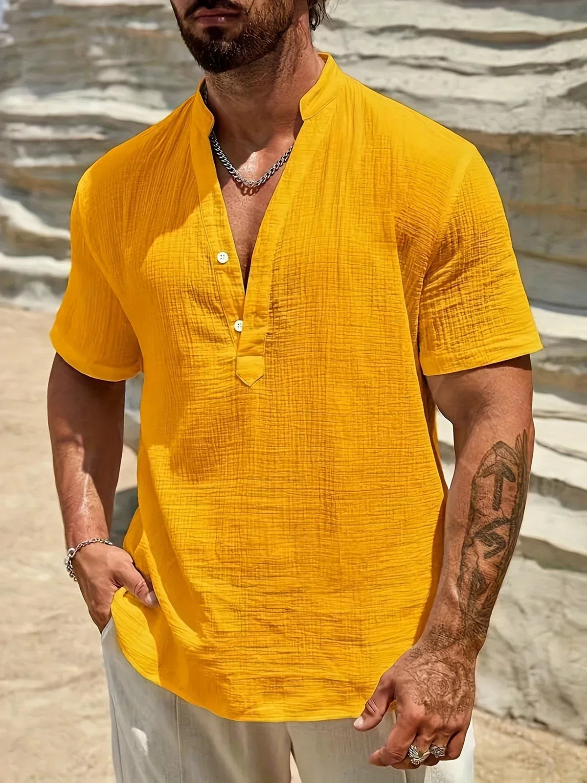 Roberto | Camicia a manica corta con colletto alla coreana e mezza patta da uomo