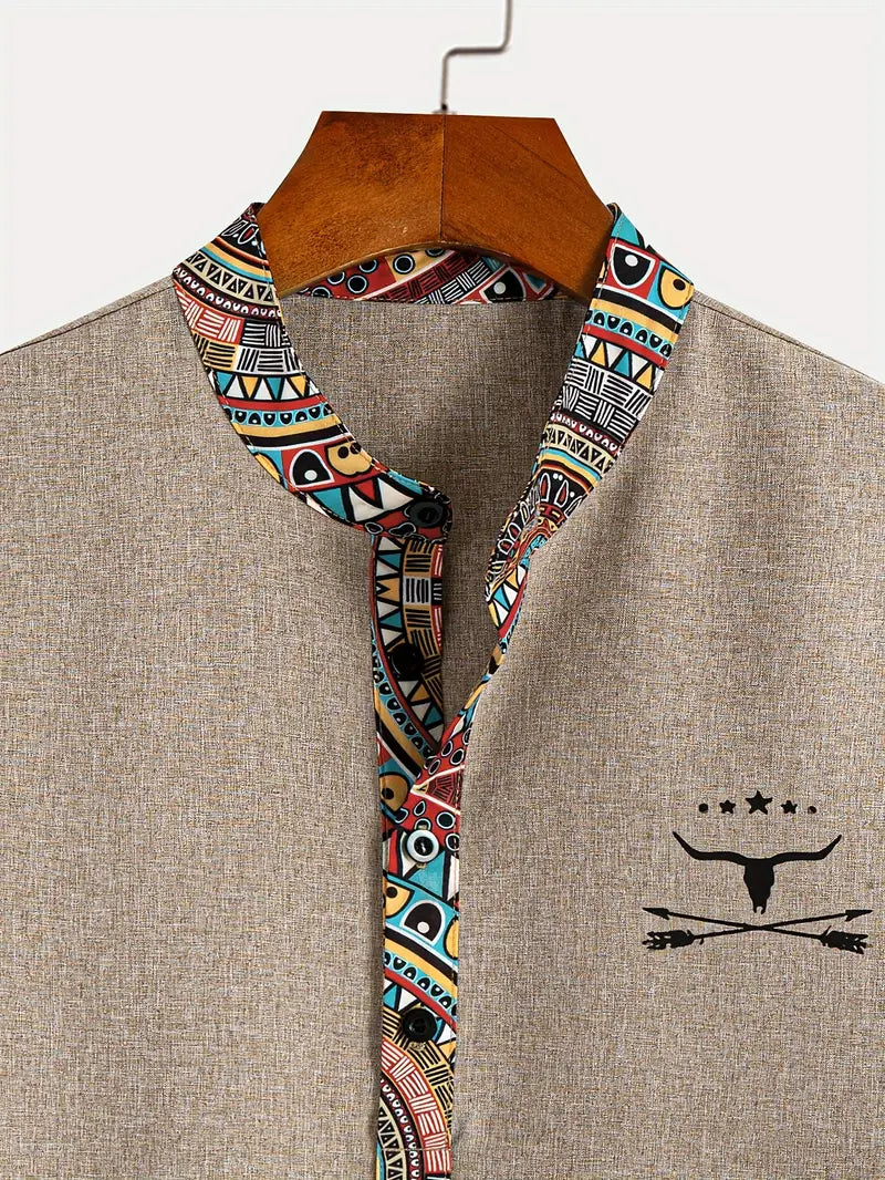 Marco | Camicia a maniche corte con collo a V e bordo etnico da uomo