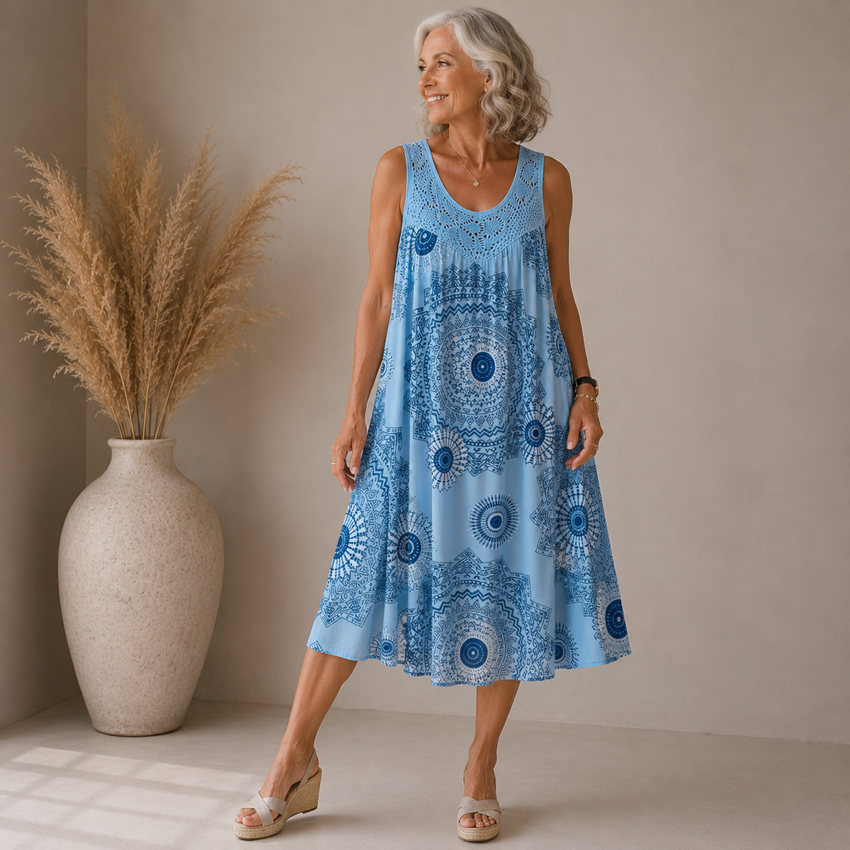Solène | Vestito midi boho con inserto in pizzo all'uncinetto per donna