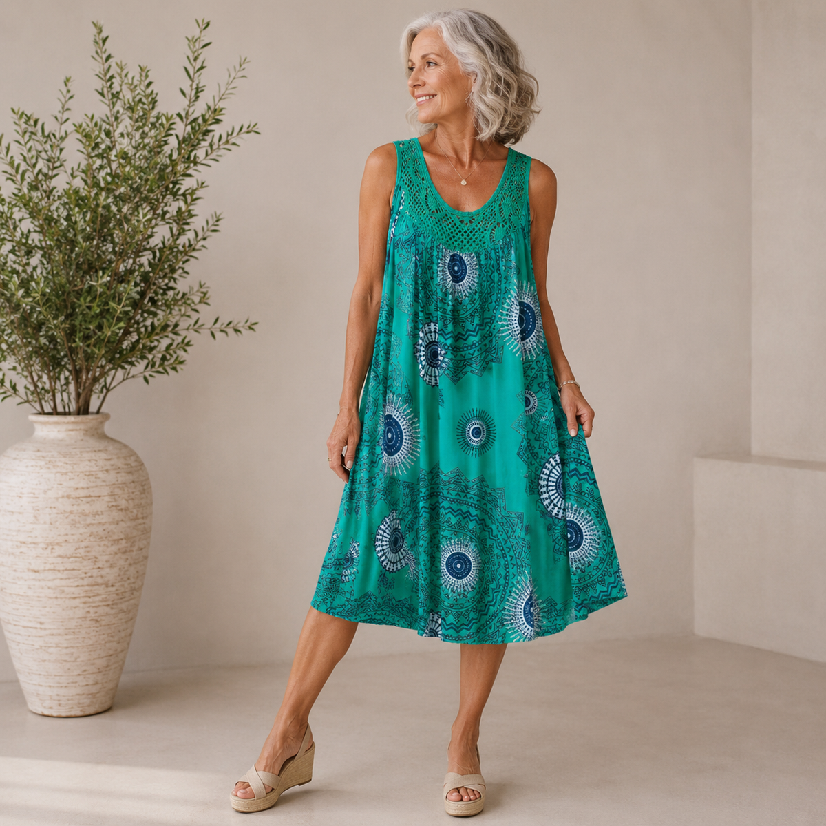 Solène | Vestito midi boho con inserto in pizzo all'uncinetto per donna