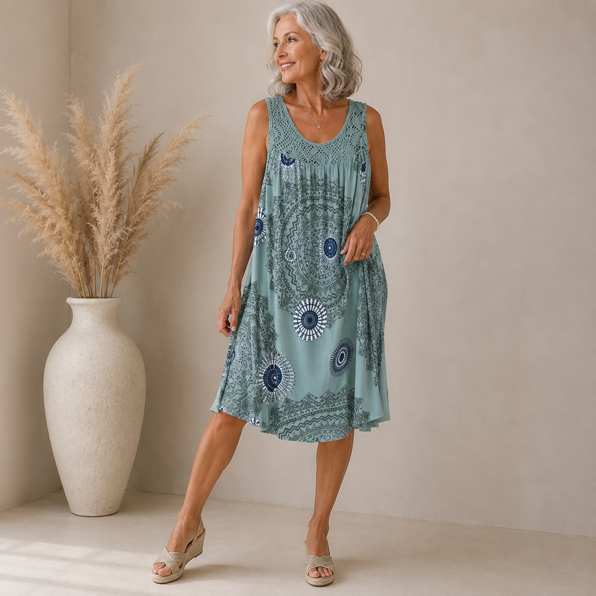 Solène | Vestito midi boho con inserto in pizzo all'uncinetto per donna