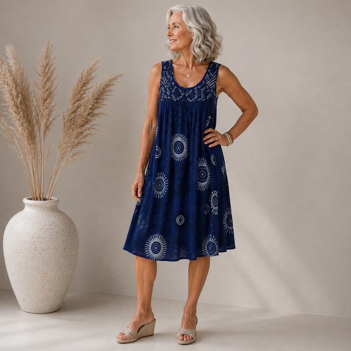 Solène | Vestito midi boho con inserto in pizzo all'uncinetto per donna